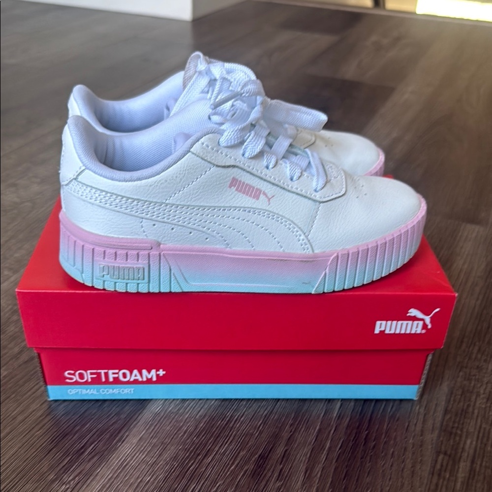 Puma White and Pink Platform Sneakers - Carina 2.0 Gradient PS -Kids US size 1